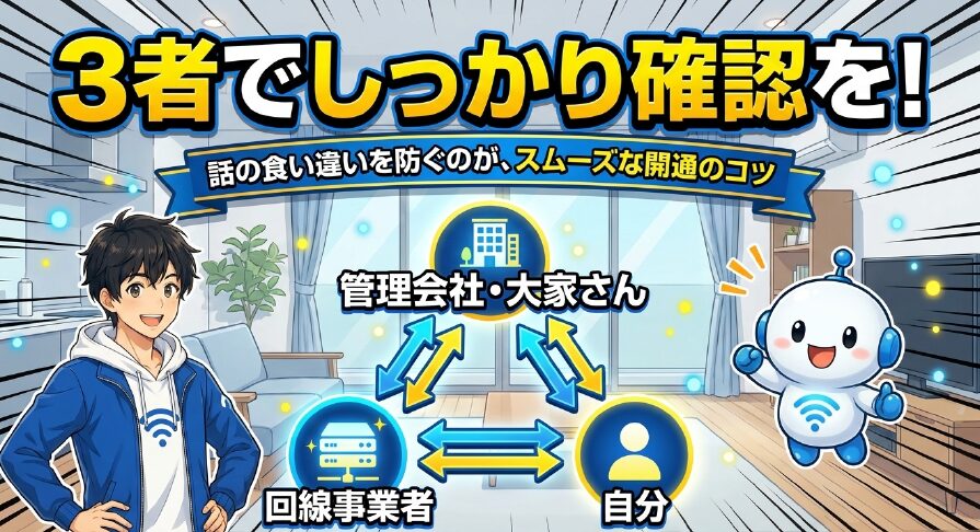 管理会社・大家さん、回線事業者、自分の3者で確認を行い話の食い違いを防ぐ図