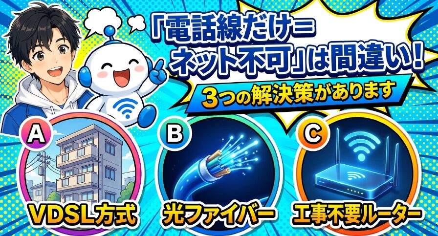 電話線しかない場合の3つの解決策(VDSL方式、光ファイバー、工事不要ルーター)