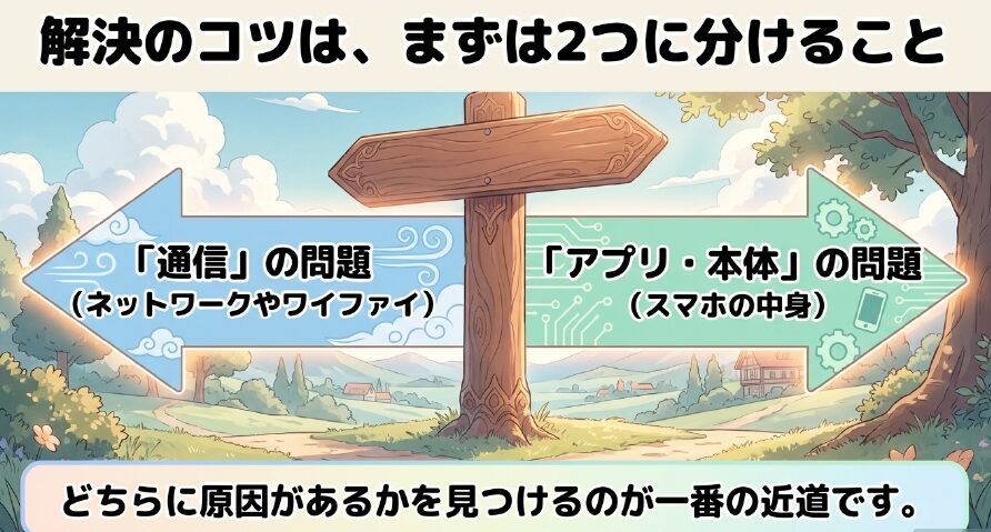解決のコツは、まずは2つに分けること。通信の問題か、アプリ・本体の問題か