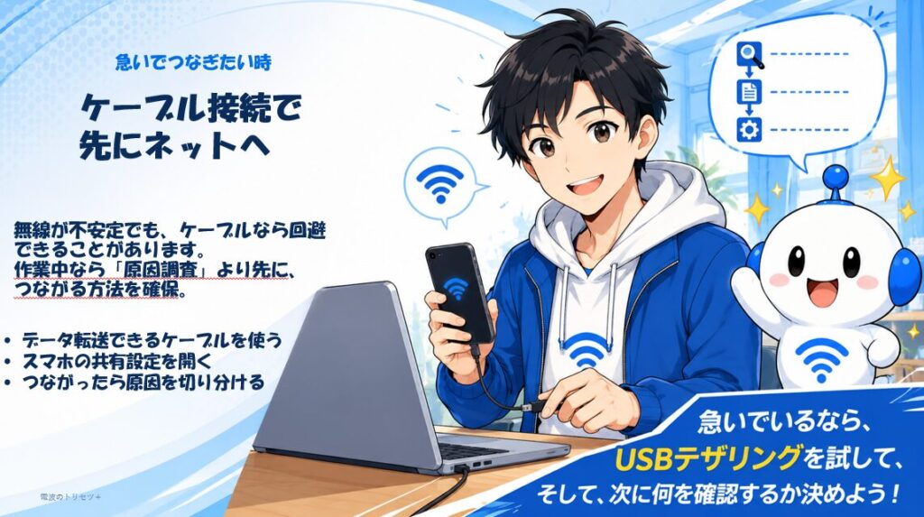 急いでネットに繋ぎたい時はケーブルを使ったUSBテザリングを試す