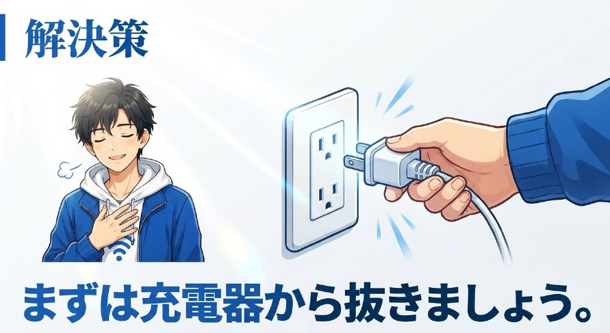 発熱時の解決策としてコンセントから充電器を抜くイラスト