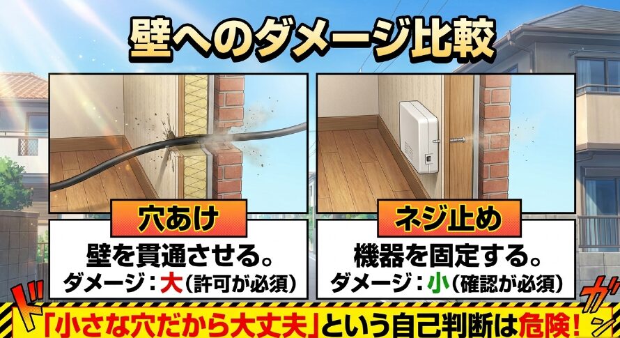 穴あけとネジ止めによる壁へのダメージ比較。小さな穴でも自己判断は危険です。