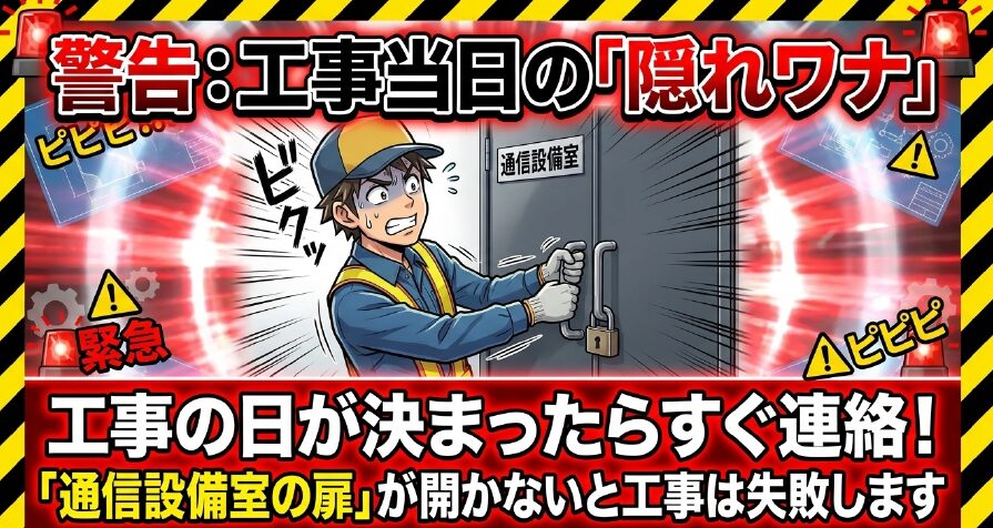 警告、工事当日の隠れワナ。通信設備室の扉が開かないと工事は失敗するため、工事の日が決まったらすぐ連絡しましょう。