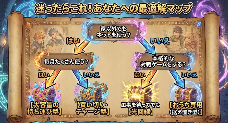 家以外でも使うか、毎月たくさん使うか、対戦ゲームをするかで判定するあなたへの最適解マップ