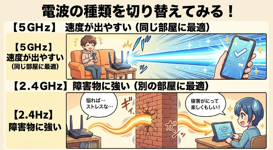 Wi-Fiの5GHz(速度重視)と2.4GHz(障害物に強い)の電波の種類の違い