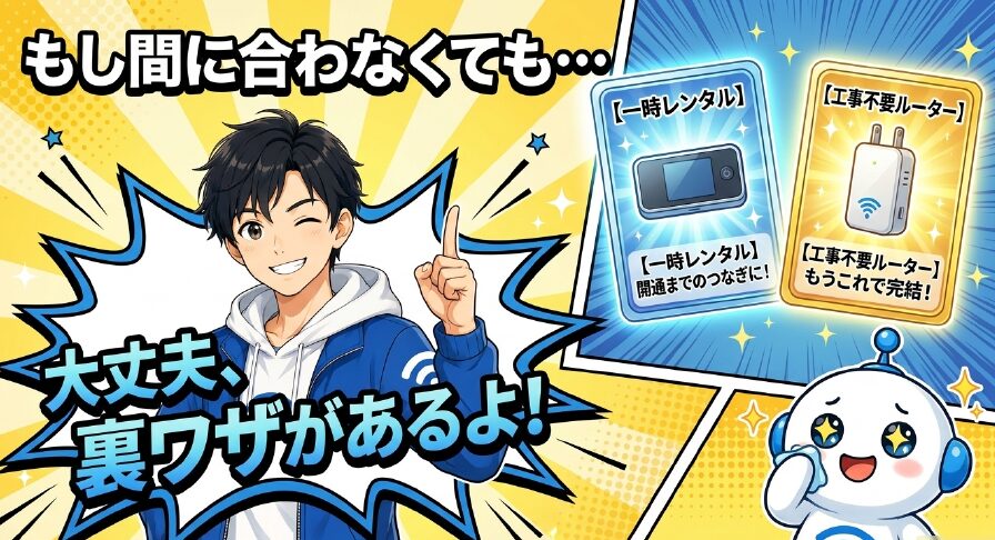 Wi-Fi手続きが間に合わない時でも一時レンタルや工事不要ルーターなどの裏ワザがあることを説明する図解