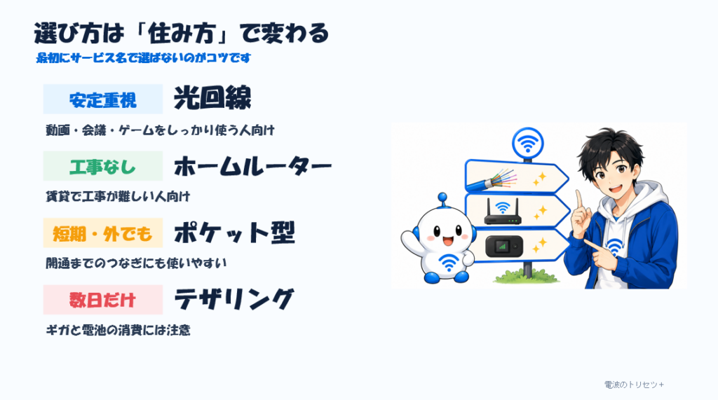 光回線・ホームルーター・ポケット型Wi-Fi・テザリングの選び方と比較
