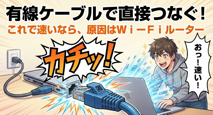 有線LANケーブルでパソコンを直接ネットにつなぎ、通信速度を確認する様子
