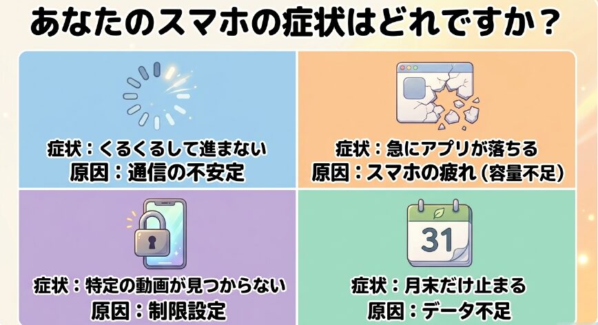 あなたのスマホの症状はどれですか？くるくるして進まない、急にアプリが落ちるなど