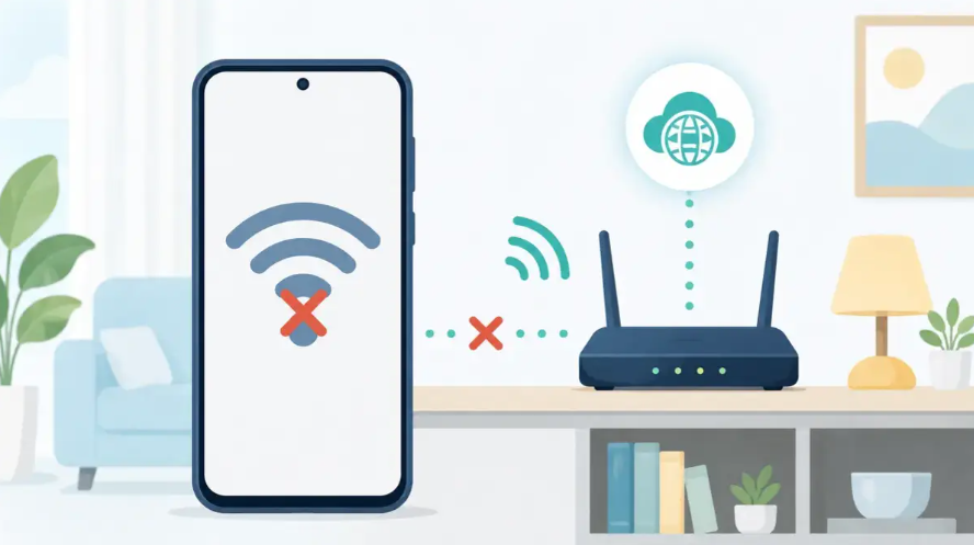AndroidスマホでWi-Fiに繋がらず、ルーターとの接続が切れているイメージ