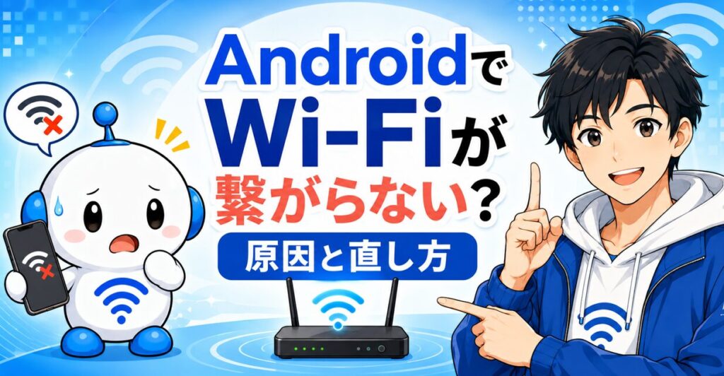 AndroidでWi-Fiが繋がらず困るでんぱるに、yuuが原因と直し方を説明するアイキャッチ