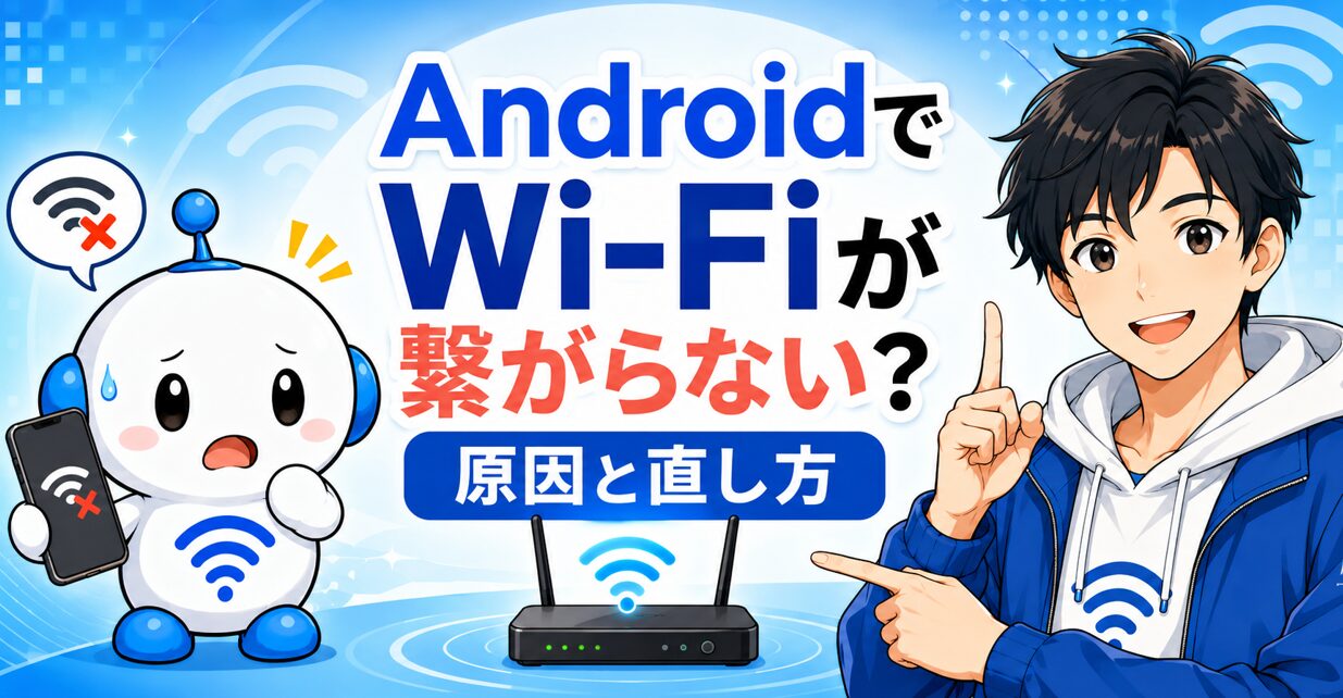 AndroidでWi-Fiが繋がらず困るでんぱるに、yuuが原因と直し方を説明するアイキャッチ