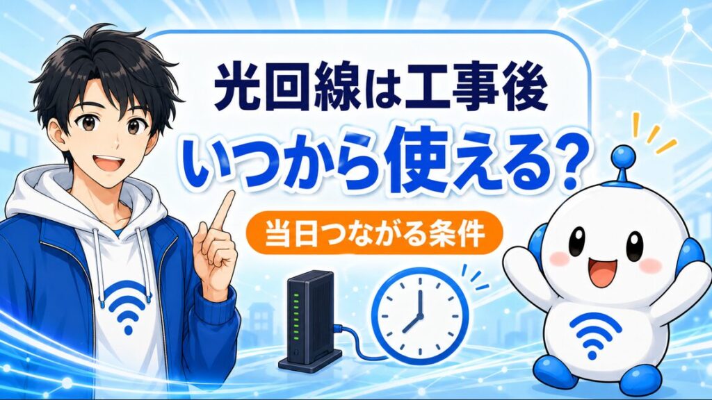 光回線の工事後いつから使えるかを、ONUと時計を示しながら案内するyuuと喜ぶでんぱる