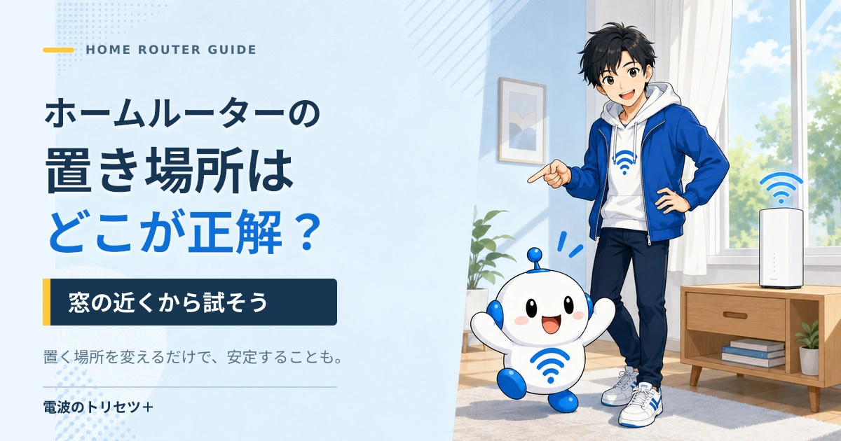 窓の近くに置いたホームルーターを、全身のyuuが案内し、でんぱるが両手を上げて喜んでいるイラスト