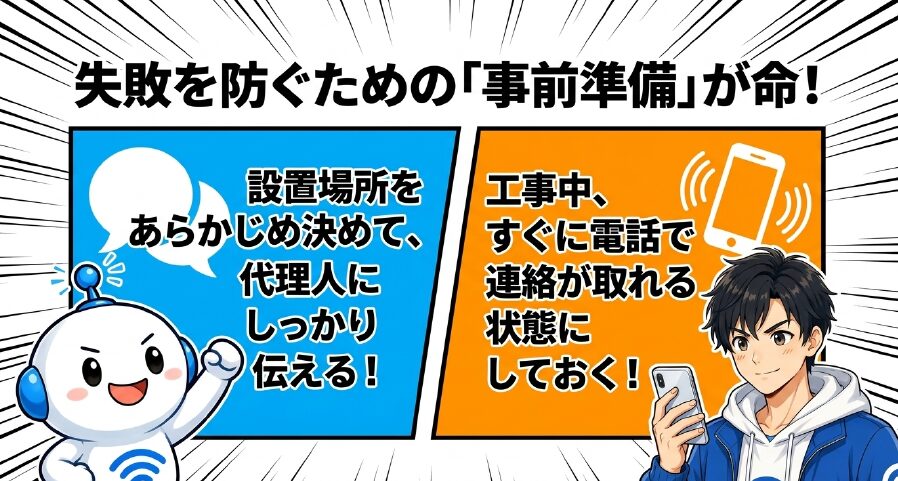 失敗を防ぐための事前準備：設置場所を決めて代理人に伝え、すぐに電話連絡が取れる状態にする