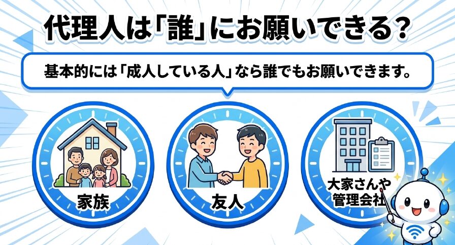 代理人は成人している家族、友人、大家さんや管理会社などにお願いできる