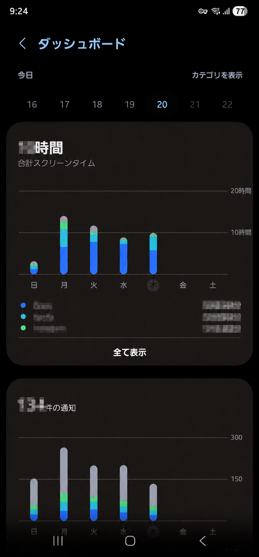 Galaxyで日別とアプリ別のスクリーンタイムを確認する画面