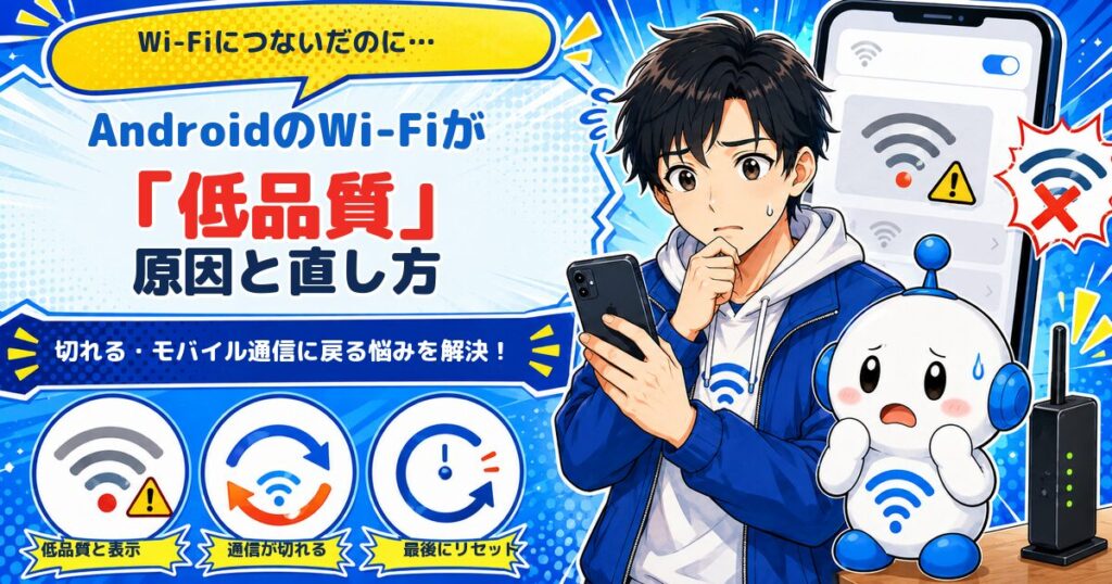 AndroidのWi-Fiに低品質と表示され、スマホを確認するyuuと困っているでんぱる