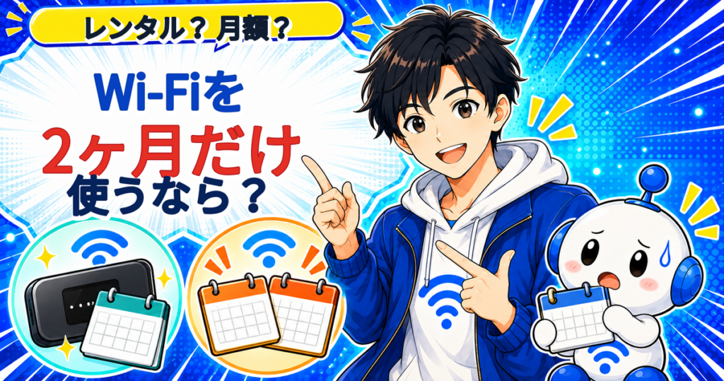 Wi-Fiを2ヶ月だけ使うとき、短期レンタルと月額プランの違いをyuuとでんぱるが確認するイラスト